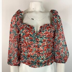 Free People Sz XS BOHO Mable Printed Floral Peasant Blouse Red Polyester